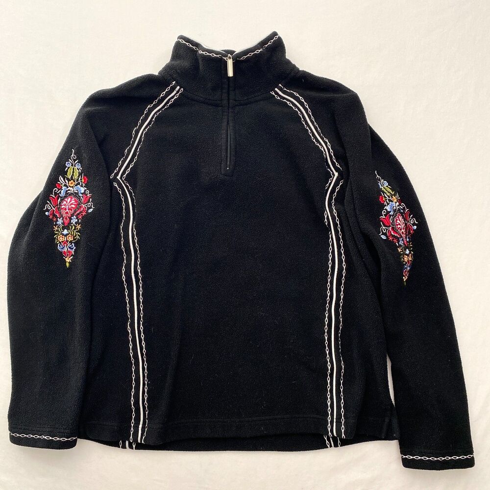 Talbots Fleece Jacket Womens Small Black Embroidered 1/4 Zip Boho Outdoor VTG